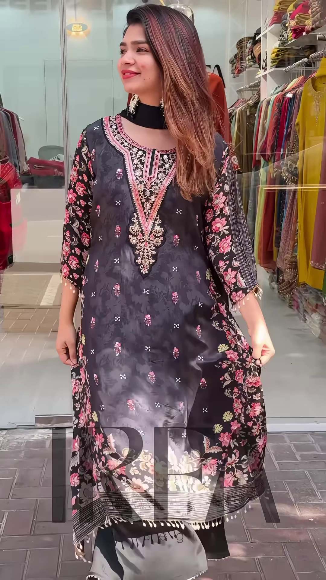 Elegant Printed Straight-Cut Kurti with Embellished Neckline and Coordinating Bottoms - Image 4