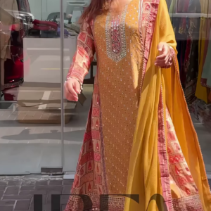 Elegant Printed Straight-Cut Kurti with Embellished Neckline and Coordinating Bottoms