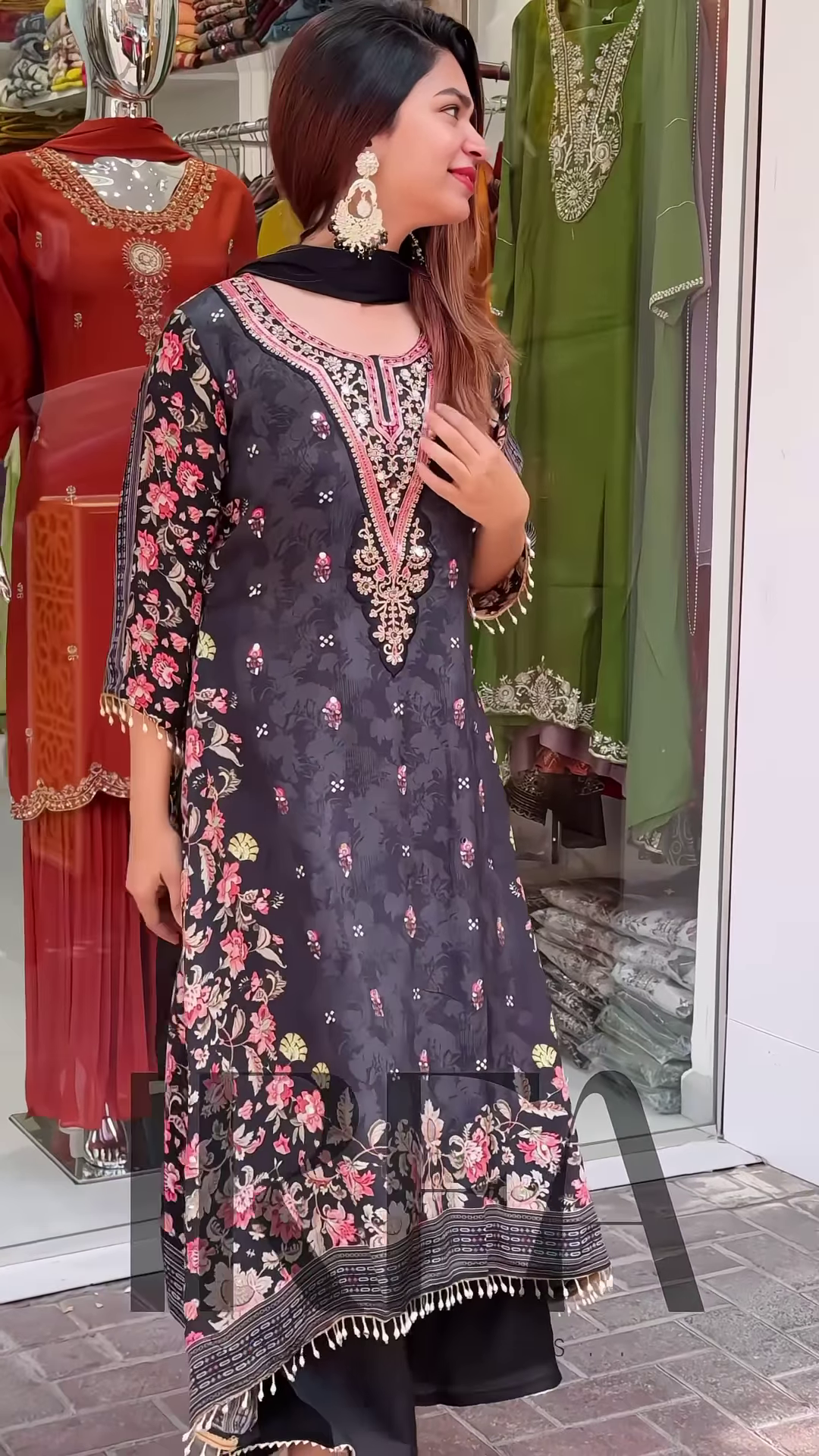 Elegant Printed Straight-Cut Kurti with Embellished Neckline and Coordinating Bottoms - Image 2