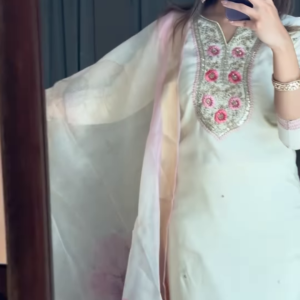 Elegant Off-White Embroidered Kurti Set with Contrasting Dupatta