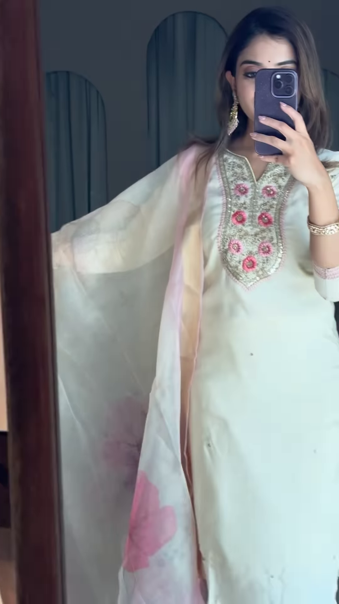 Elegant Off-White Embroidered Kurti Set with Contrasting Dupatta