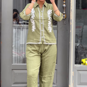 Light Green Embroidered Co-ord Set with Button-Down Top and Straight Pants
