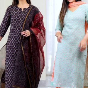 Printed Straight Kurti Set with Contrasting Bottoms and Dupatta
