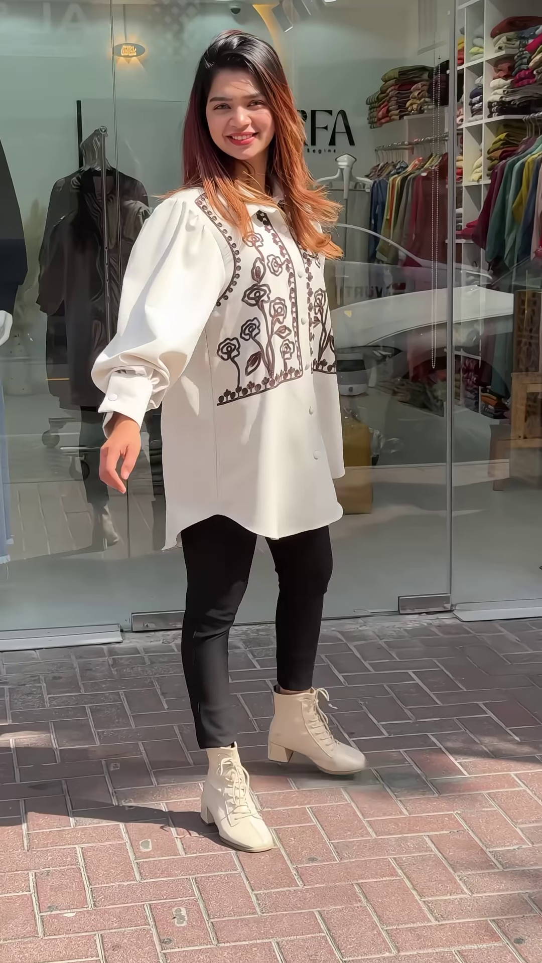 Stylish Black Button-Down Tunic with Embroidered Front Panels - Image 3