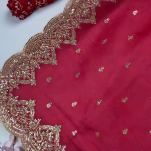 Premium Bridal Red Heavy Embroidered Partywear Saree with Designer Blouse Fabric
