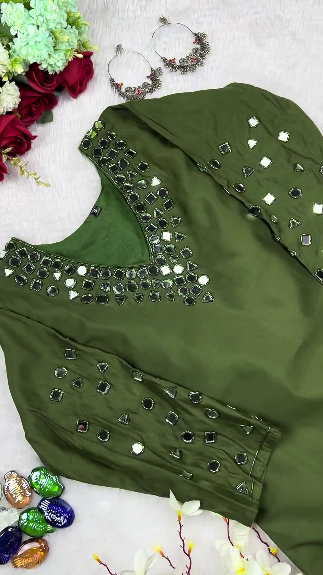 Forest Green Mirror-Work Designer Kurti - Image 3