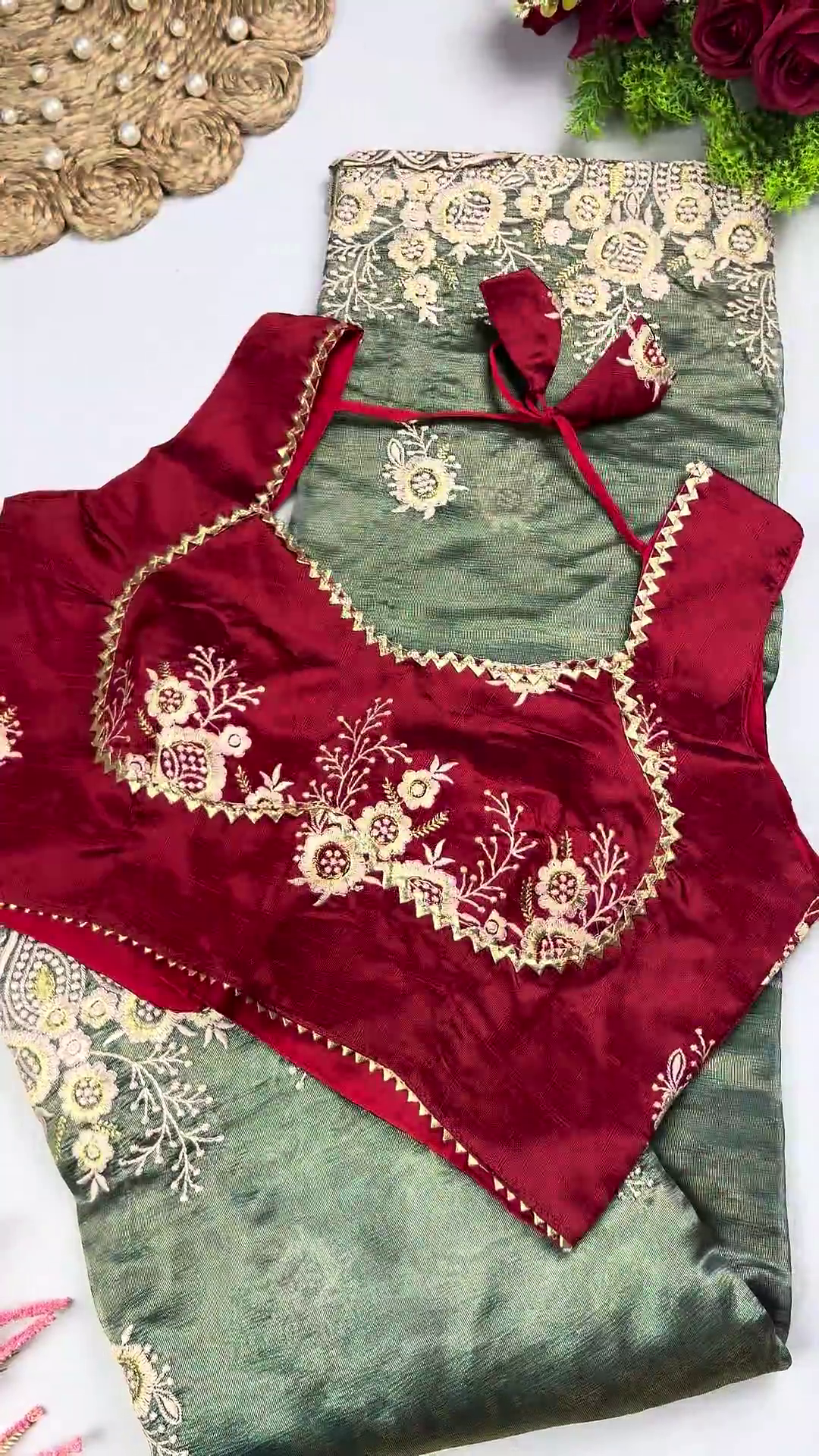 Royal Maroon Heavy Embroidered Designer Blouse with Olive Green Saree Set - Image 3