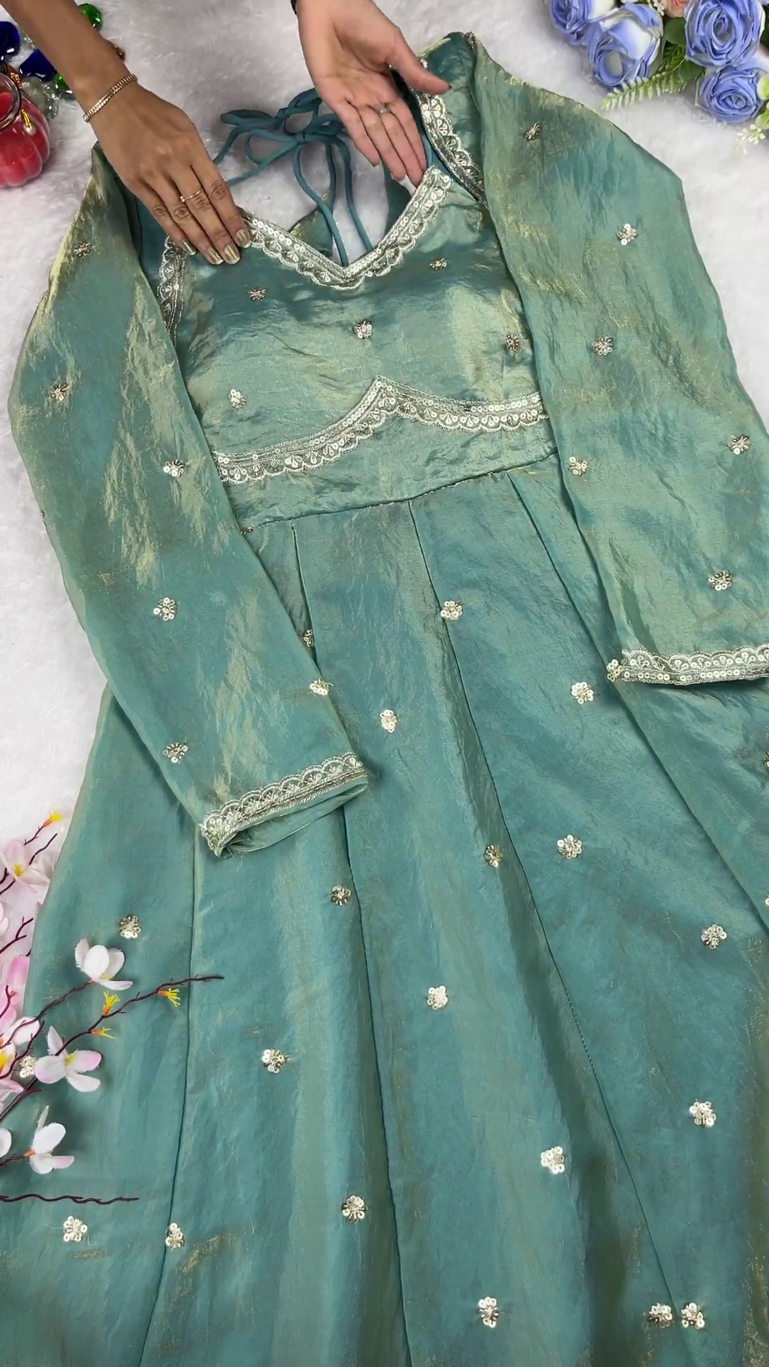 Iridescent Sea-Foam Scalloped Anarkali Gown