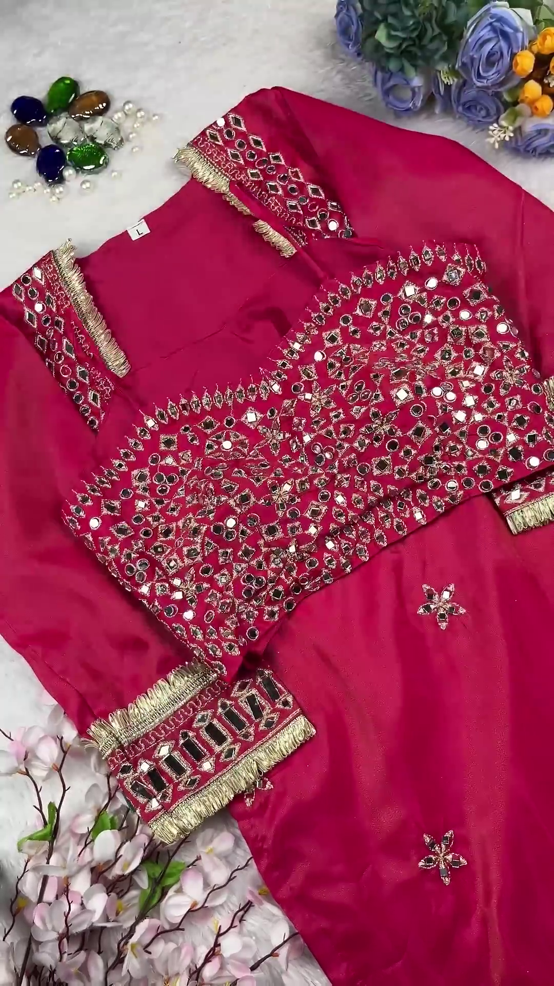 Vibrant Rani Pink Silk Anarkali with Heavy Mirror Artistry - Image 2