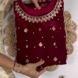 Regal Ruby Velvet Anarkali with Golden Floral Zari and Sequin Embroidery