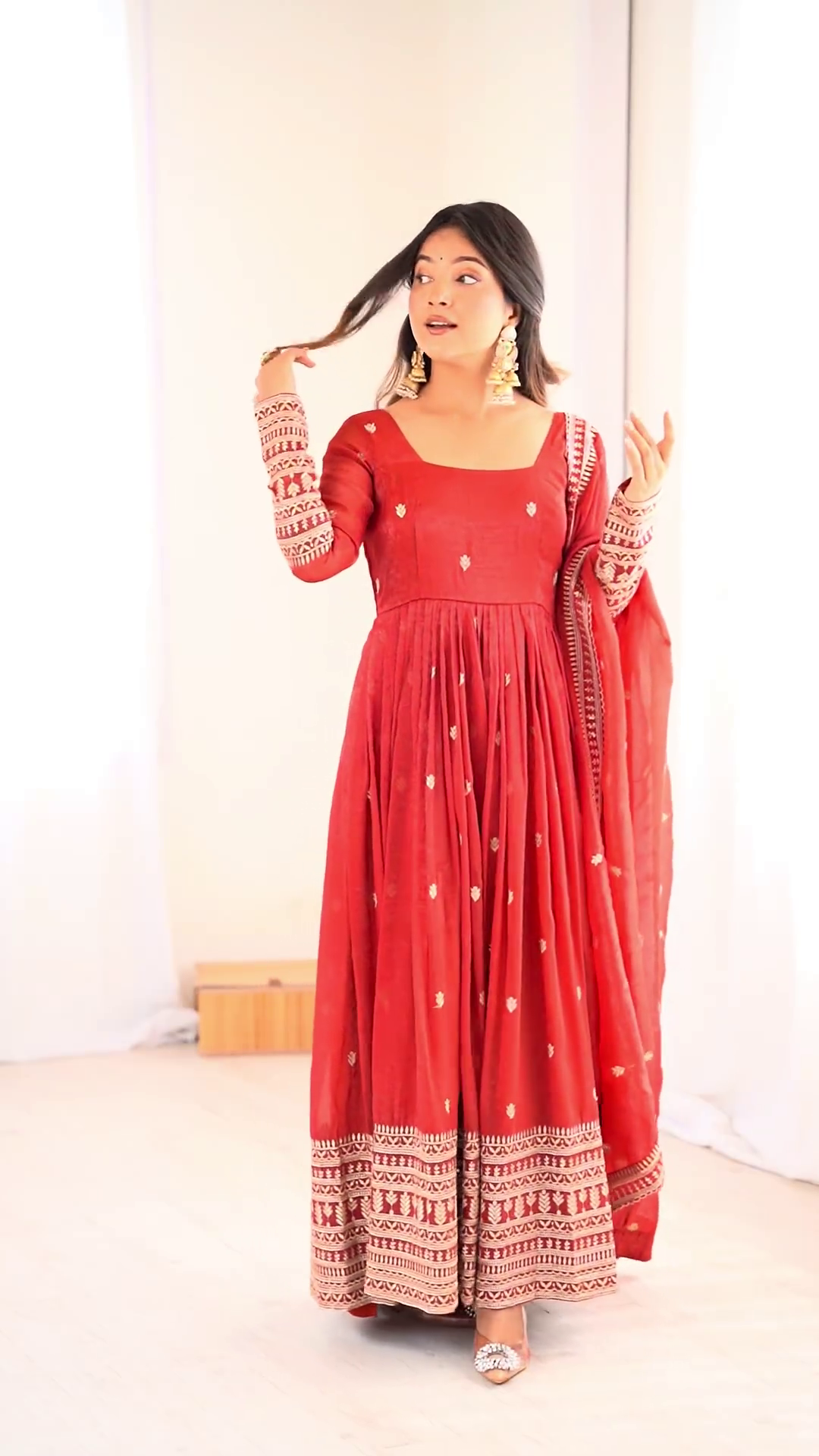 Crimson Red Silk-Blend Anarkali with Concentric Geometric Zari Border