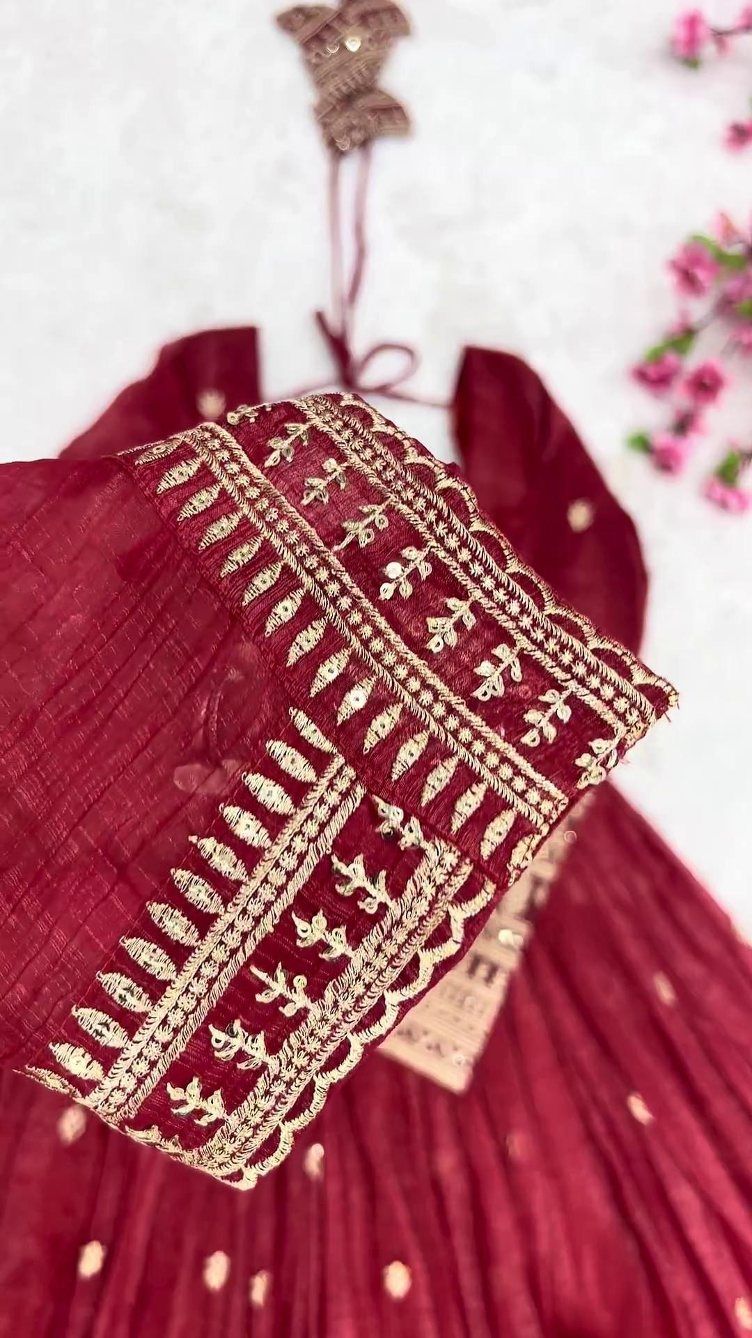 Crimson Red Silk-Blend Anarkali with Concentric Geometric Zari Border - Image 3