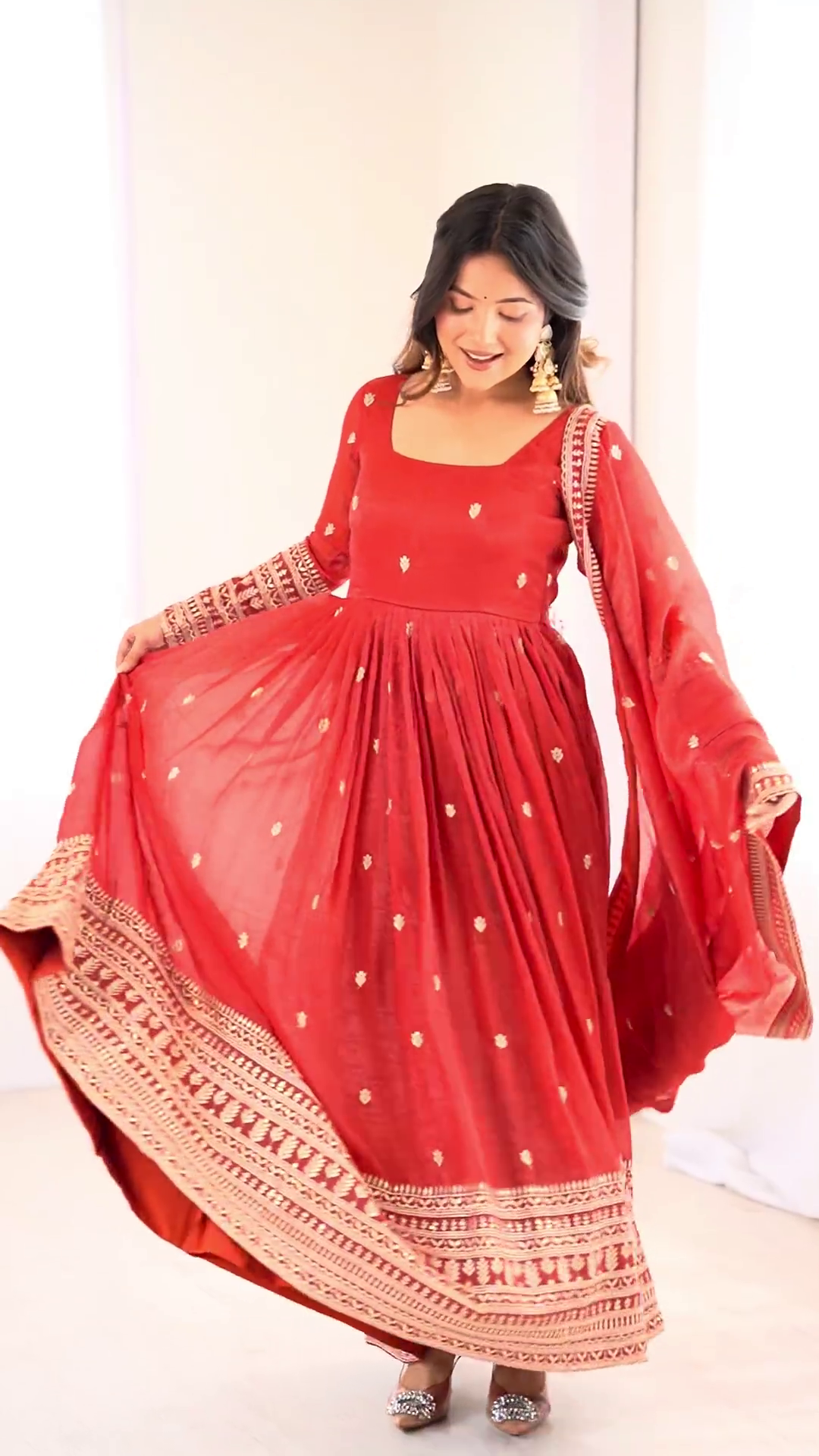 Crimson Red Silk-Blend Anarkali with Concentric Geometric Zari Border - Image 2