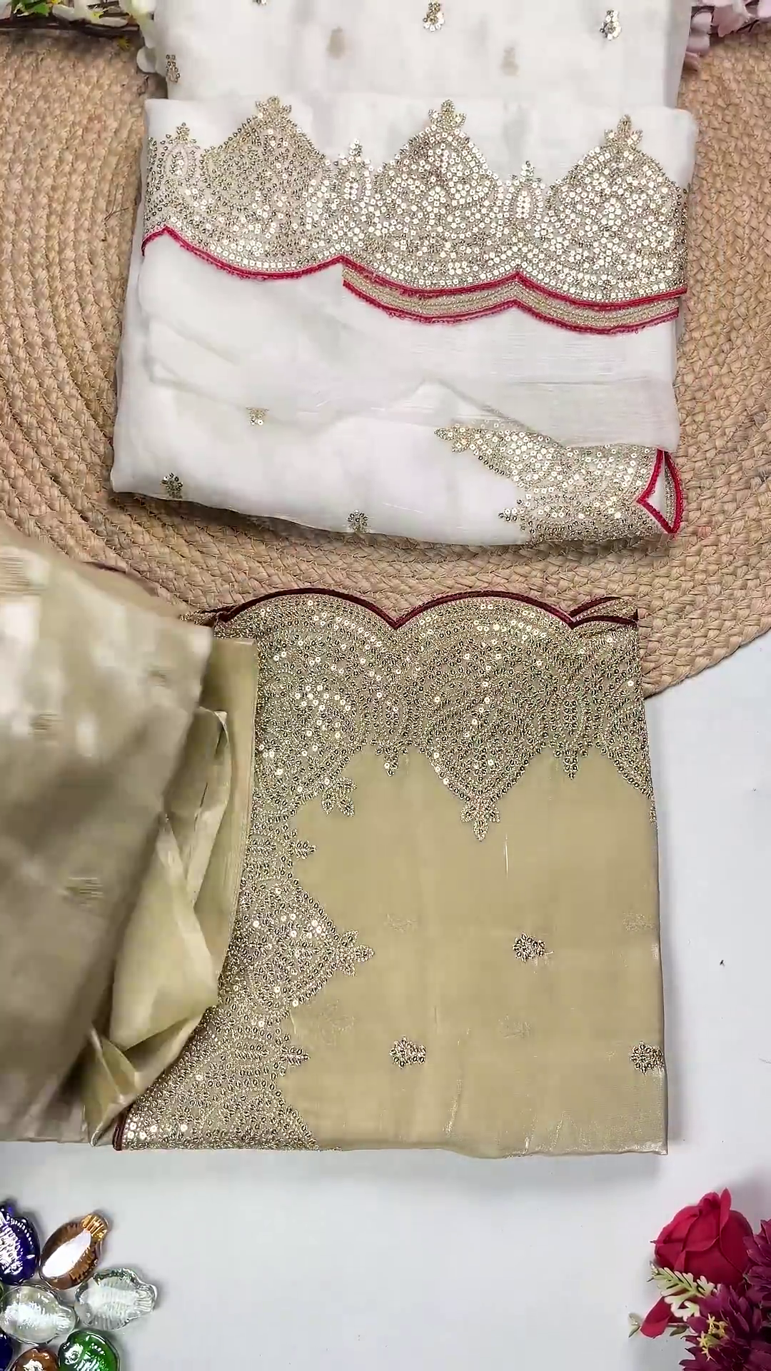 Ivory Shimmer Organza Saree with Scalloped Sequin Borders - Image 3