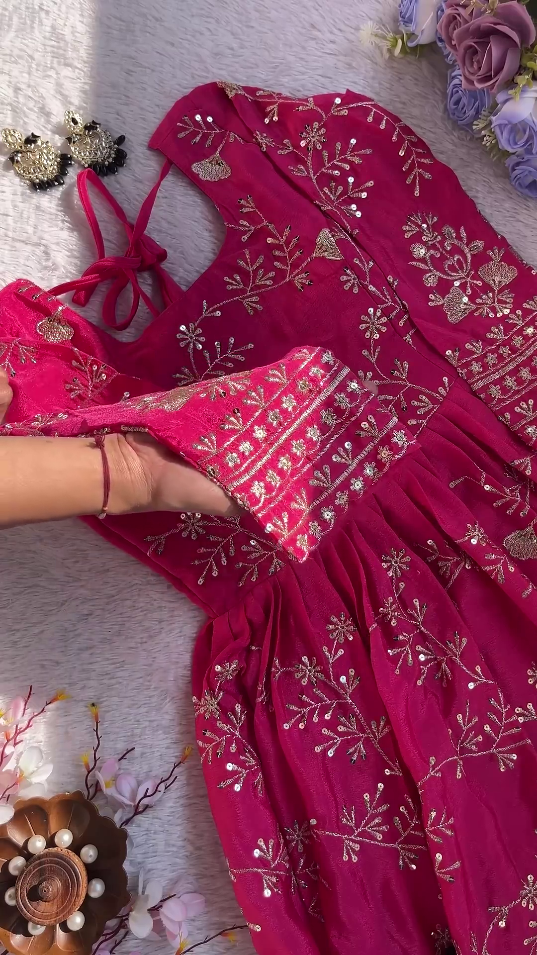 Hot Pink Silk-Blend Anarkali with Golden Floral Jaal and Sequin Highlights - Image 2