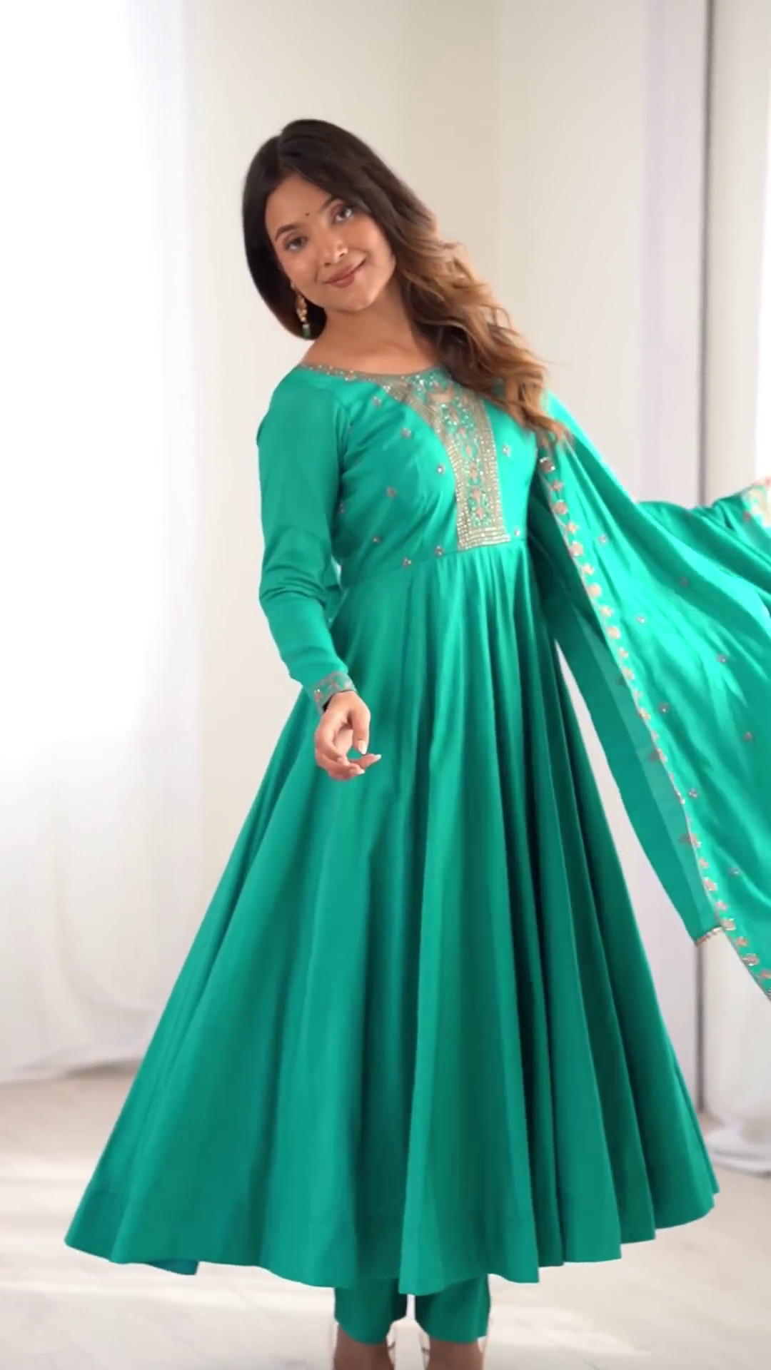 Emerald Teal Silk Anarkali Set with Intricate Zari and Threadwork Bodice