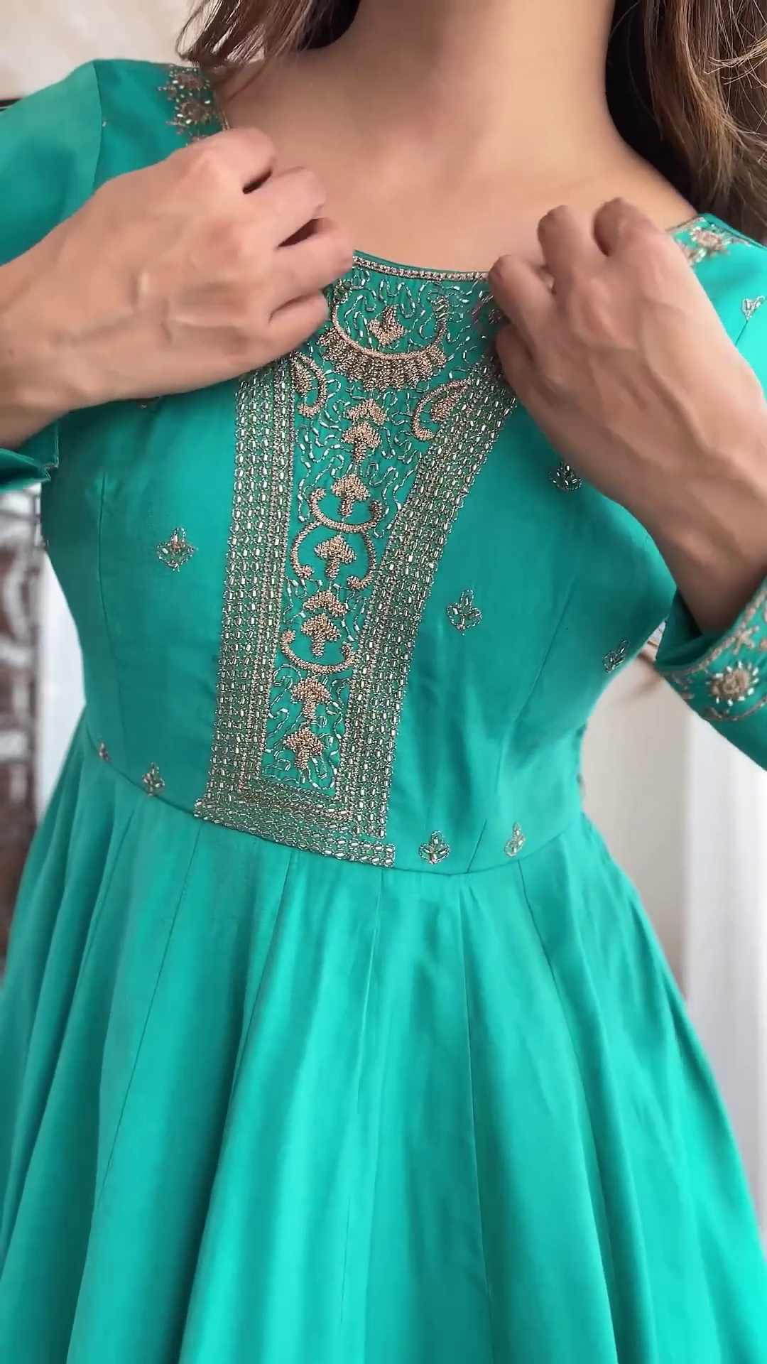 Emerald Teal Silk Anarkali Set with Intricate Zari and Threadwork Bodice - Image 3