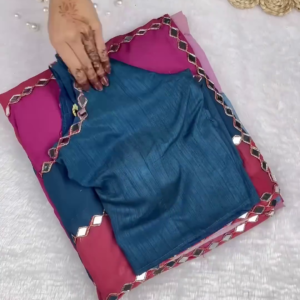 Teal Silk-Blend Blouse with Diamond Mirror-Work Neckline