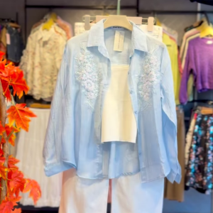 Embroidered Pastel Shirt and White Trouser Co-ord Set