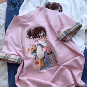 Embroidered Girl-Graphic Crew-Neck T-Shirt with Plaid Cuffed Sleeves