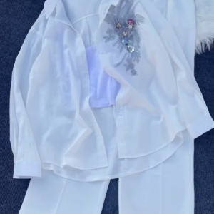 Floral Appliqué Pink Shirt and White Trouser Co-ord Set
