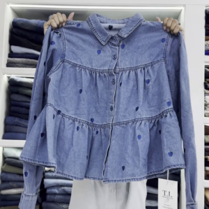Peplum-Style Heart-Embroidered Denim Shirt