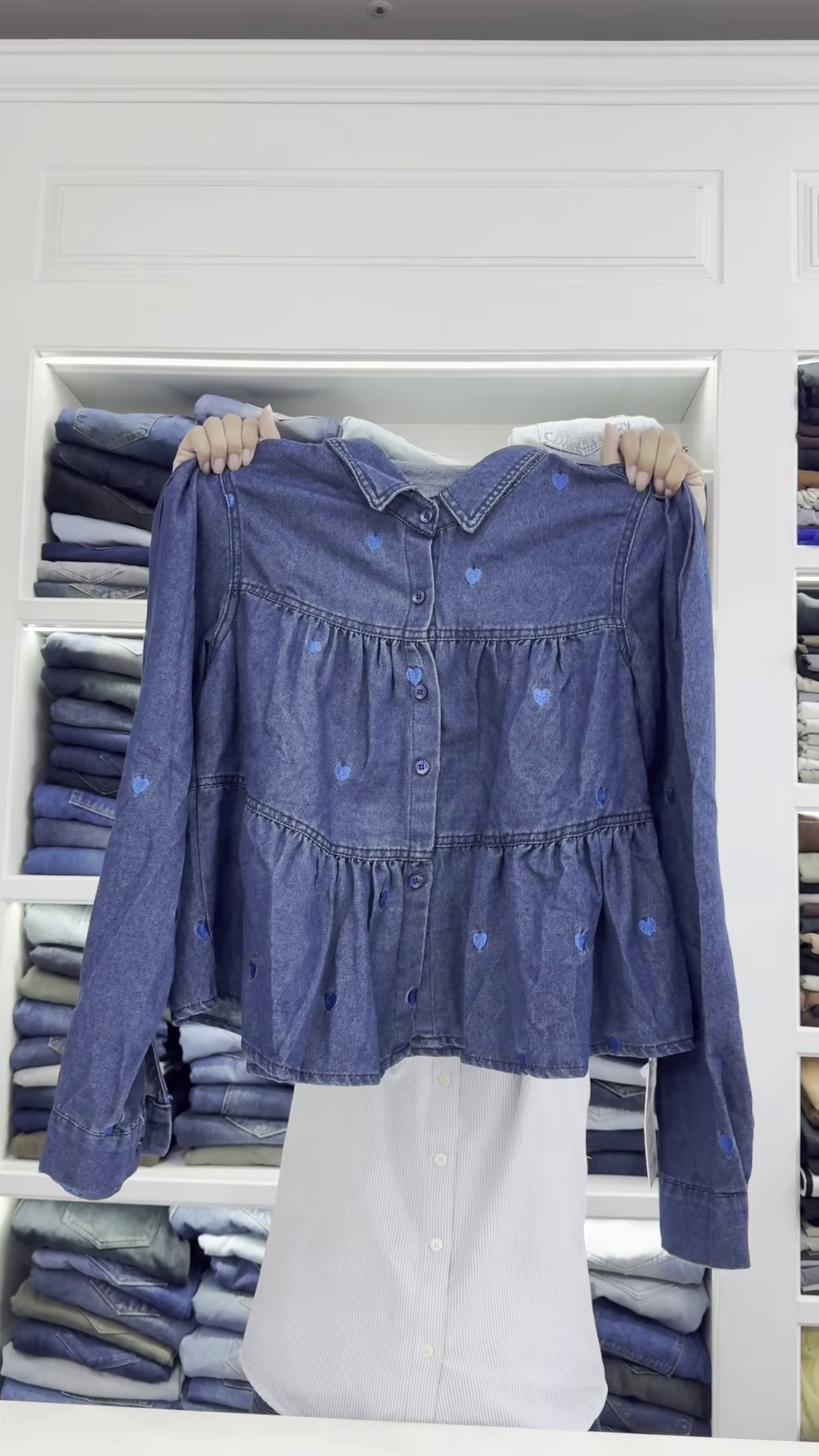 Peplum-Style Heart-Embroidered Denim Shirt - Image 2