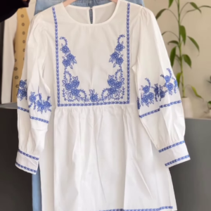 Embroidered White Peplum Tunic with Blue Floral Accents