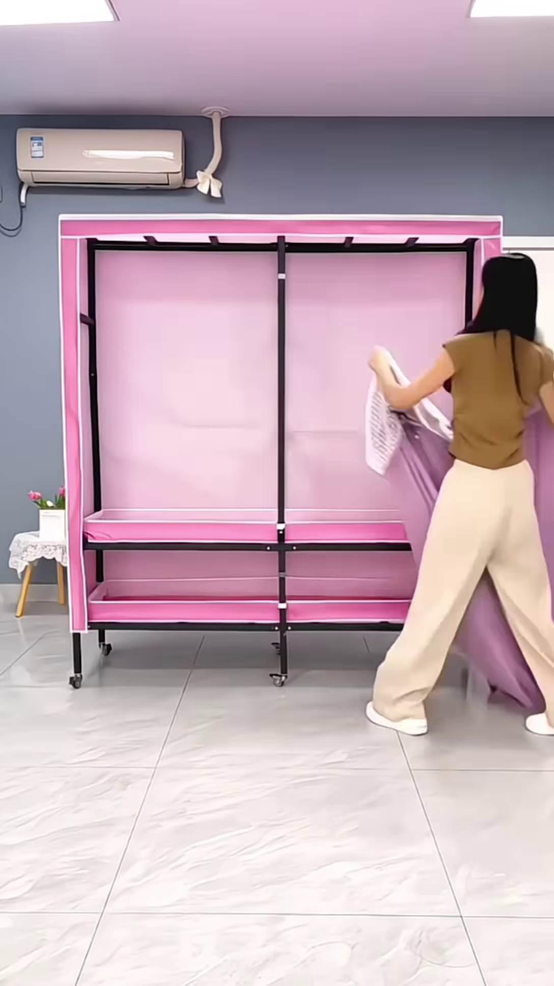 "Portable Fabric Wardrobe Organizer - Lightweight Rolling Clothes Storage with Lavender Curtains" - Image 2