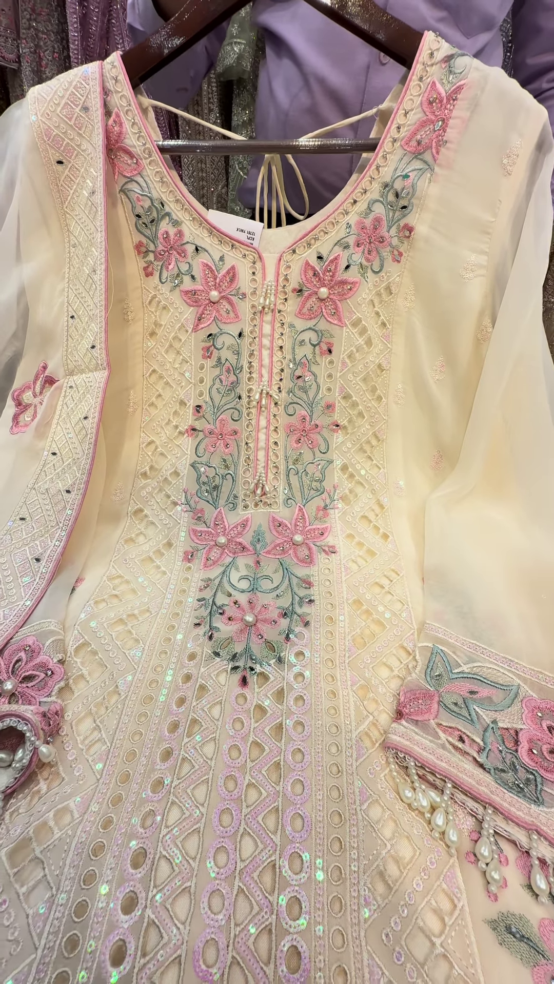 Cream Chiffon Suit with Pink and Sage Floral Cutwork