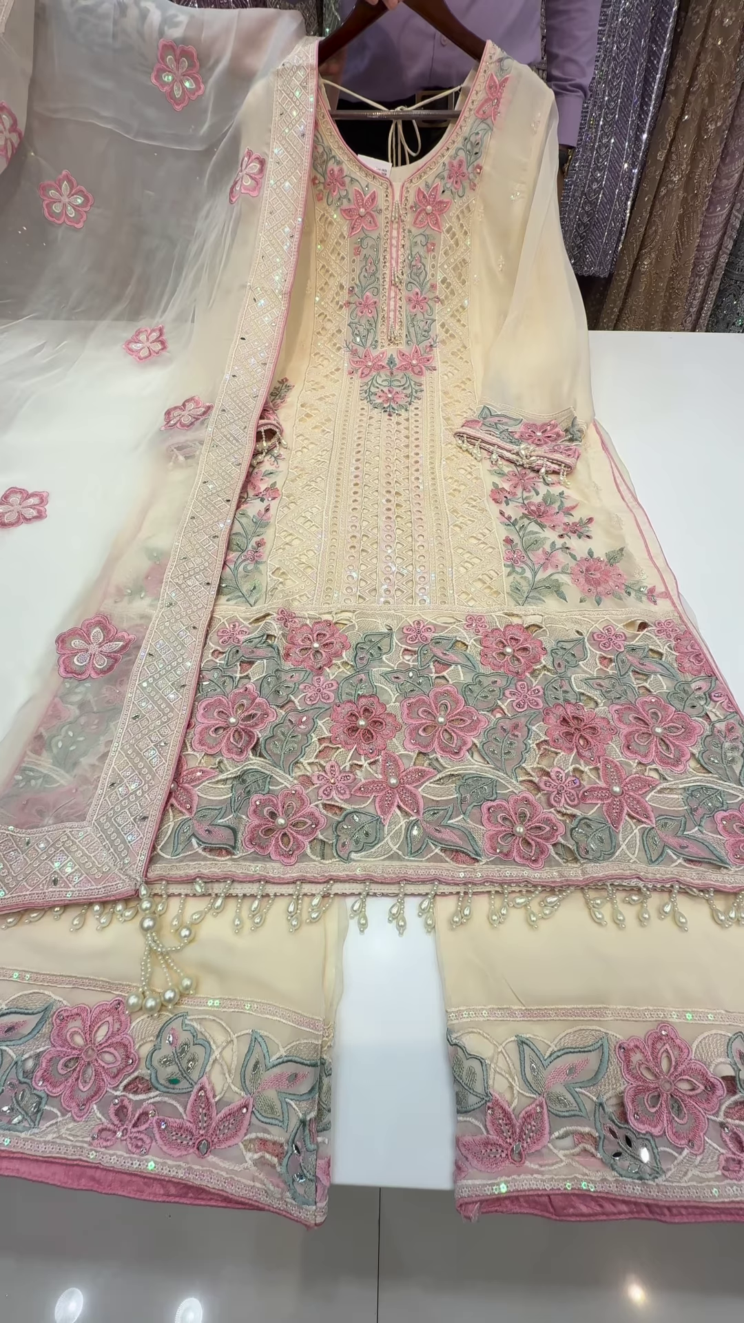 Cream Chiffon Suit with Pink and Sage Floral Cutwork - Image 2