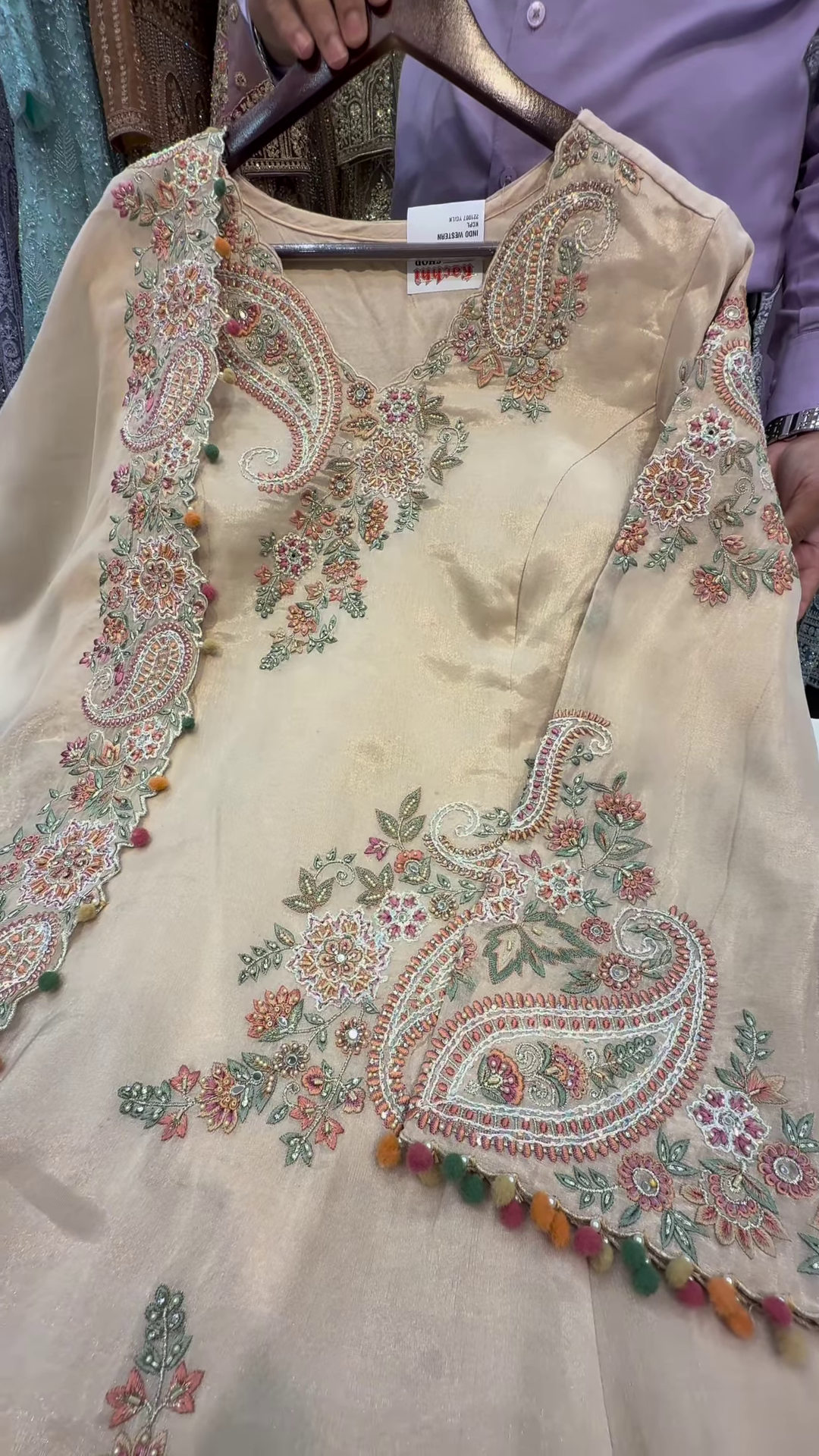 Champagne Gold Silk Kurta with Multicolored Paisley Embroidery - Image 3