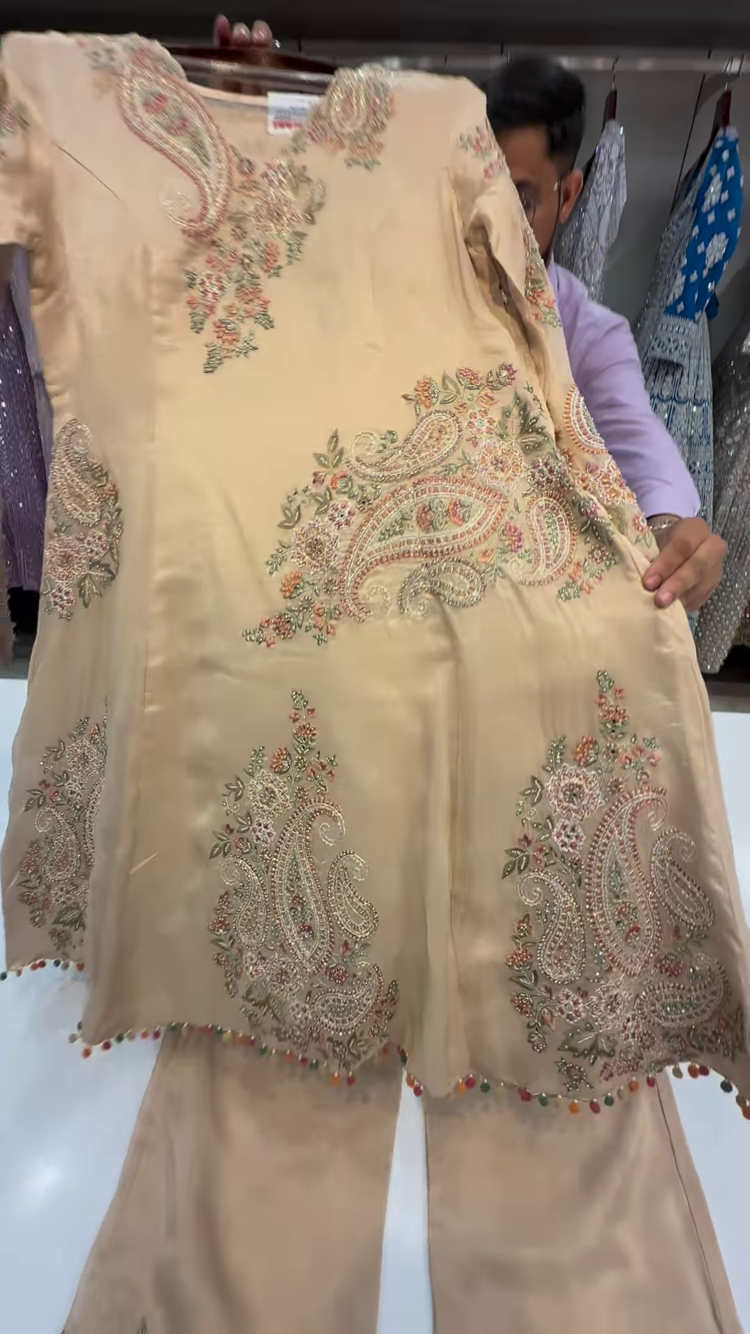 Champagne Gold Silk Kurta with Multicolored Paisley Embroidery - Image 2