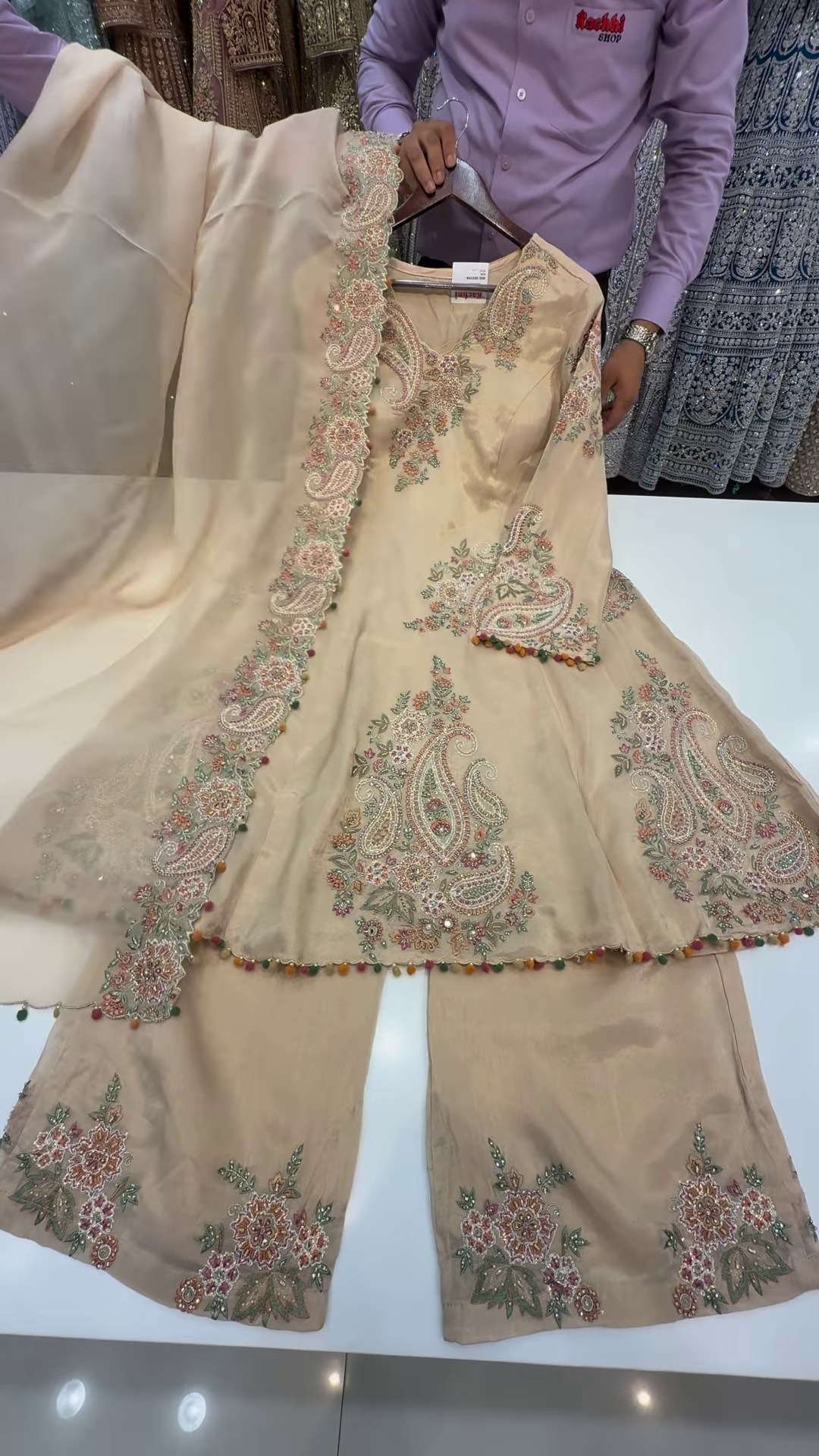 Champagne Gold Silk Kurta with Multicolored Paisley Embroidery