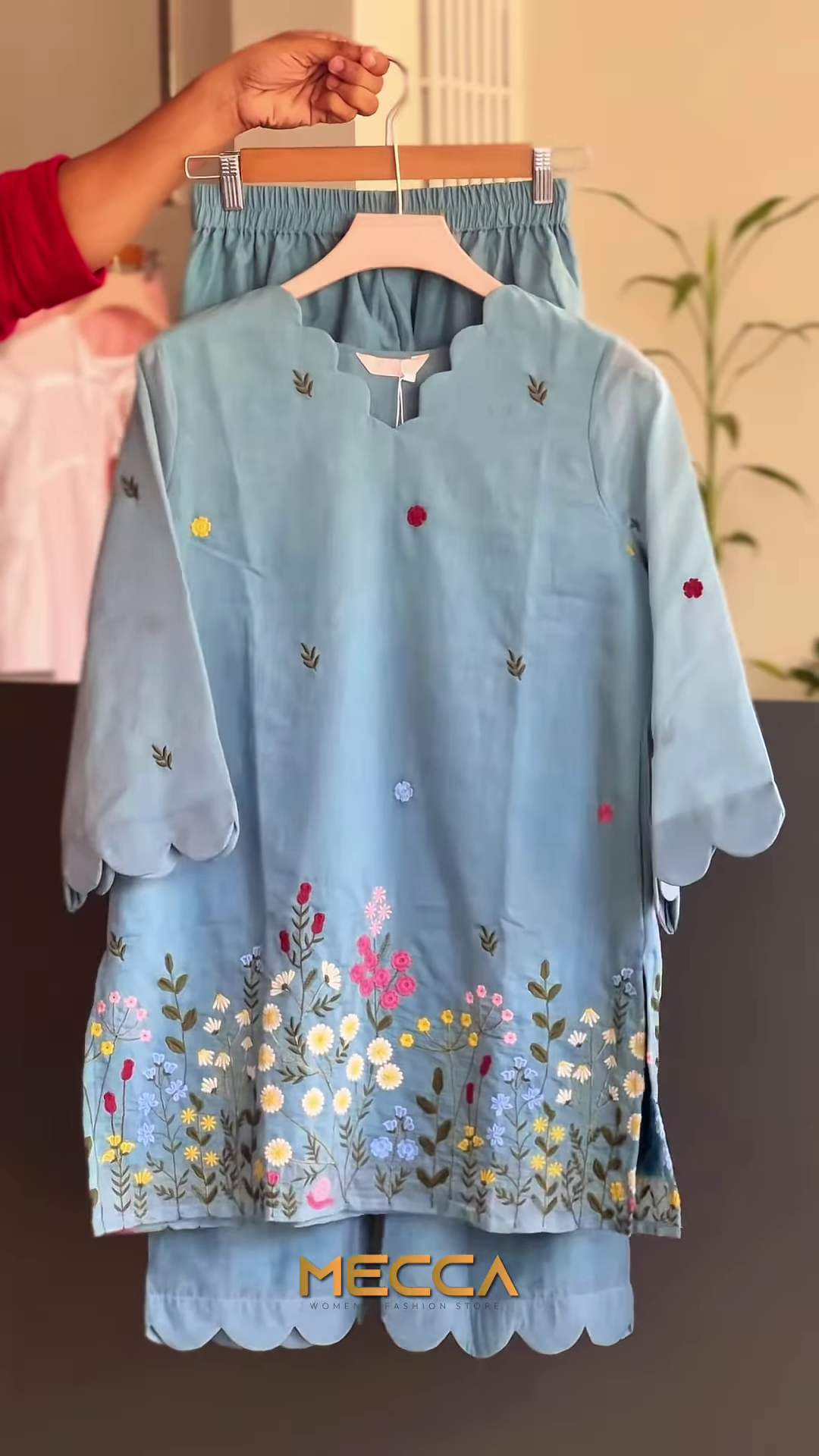 Pastel Blue Tunic with Wildflower Field Embroidery and Scalloped Hem