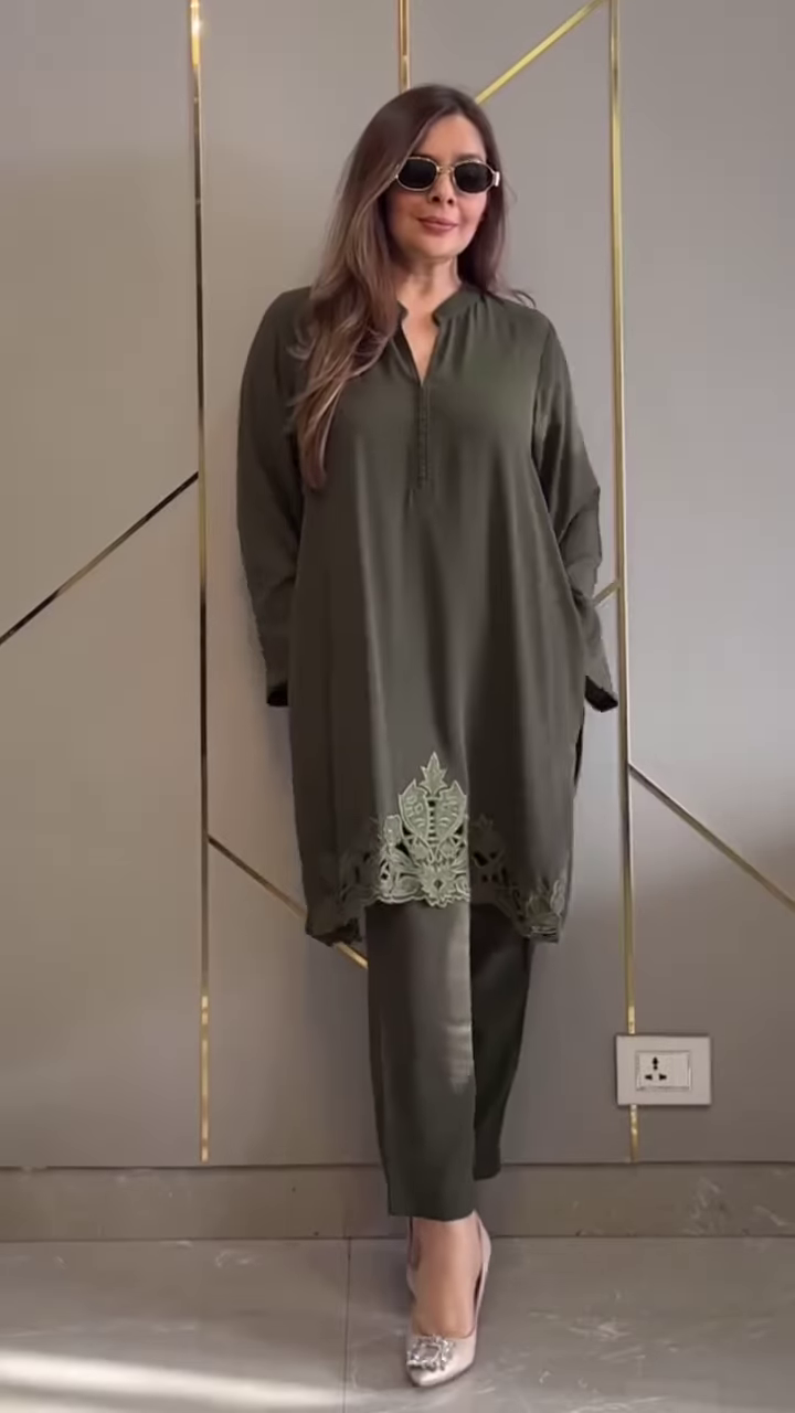 Olive Green Silk Tunic with Geometric Cutwork Hem