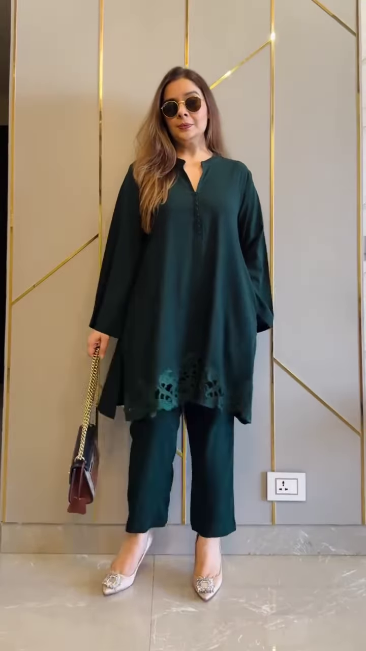 Olive Green Silk Tunic with Geometric Cutwork Hem - Image 3