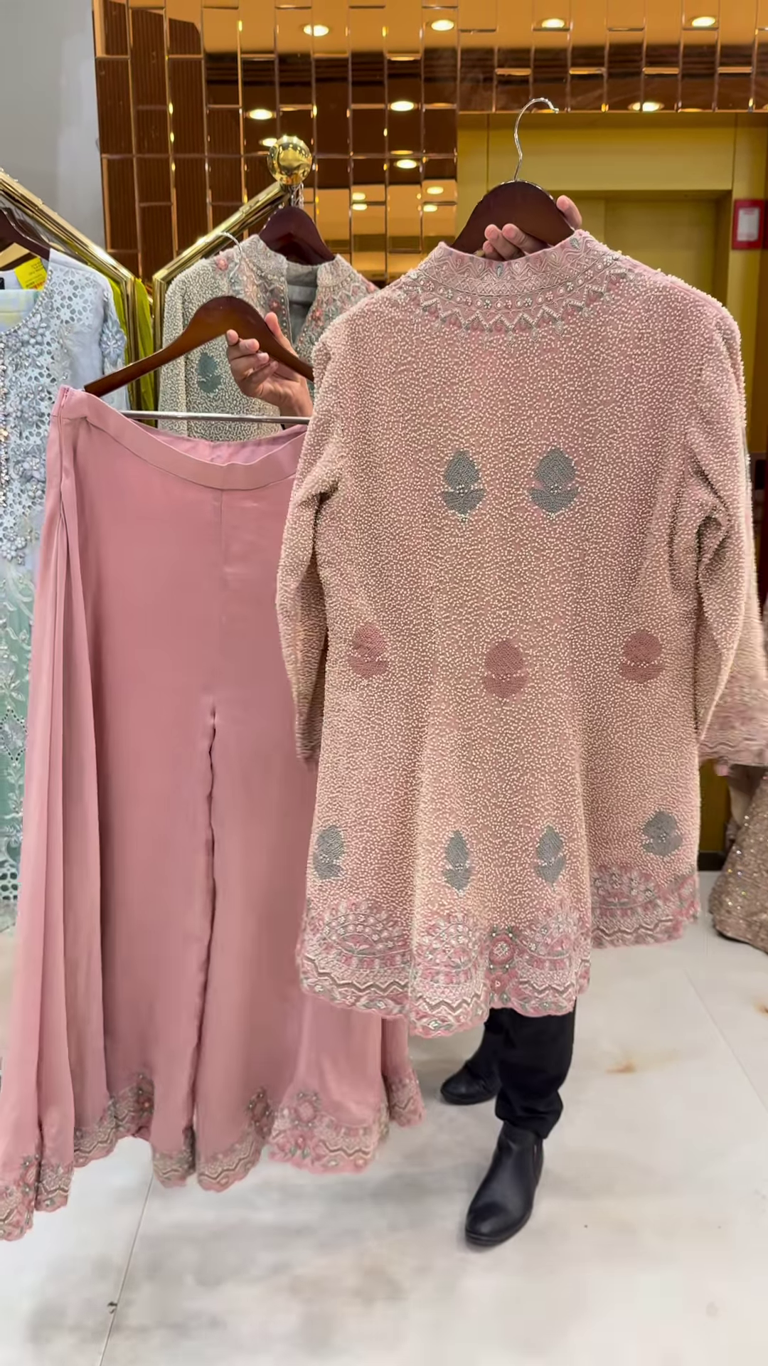 Dusty Rose Heavily Embellished Peplum Top and Skirt Set - Image 3
